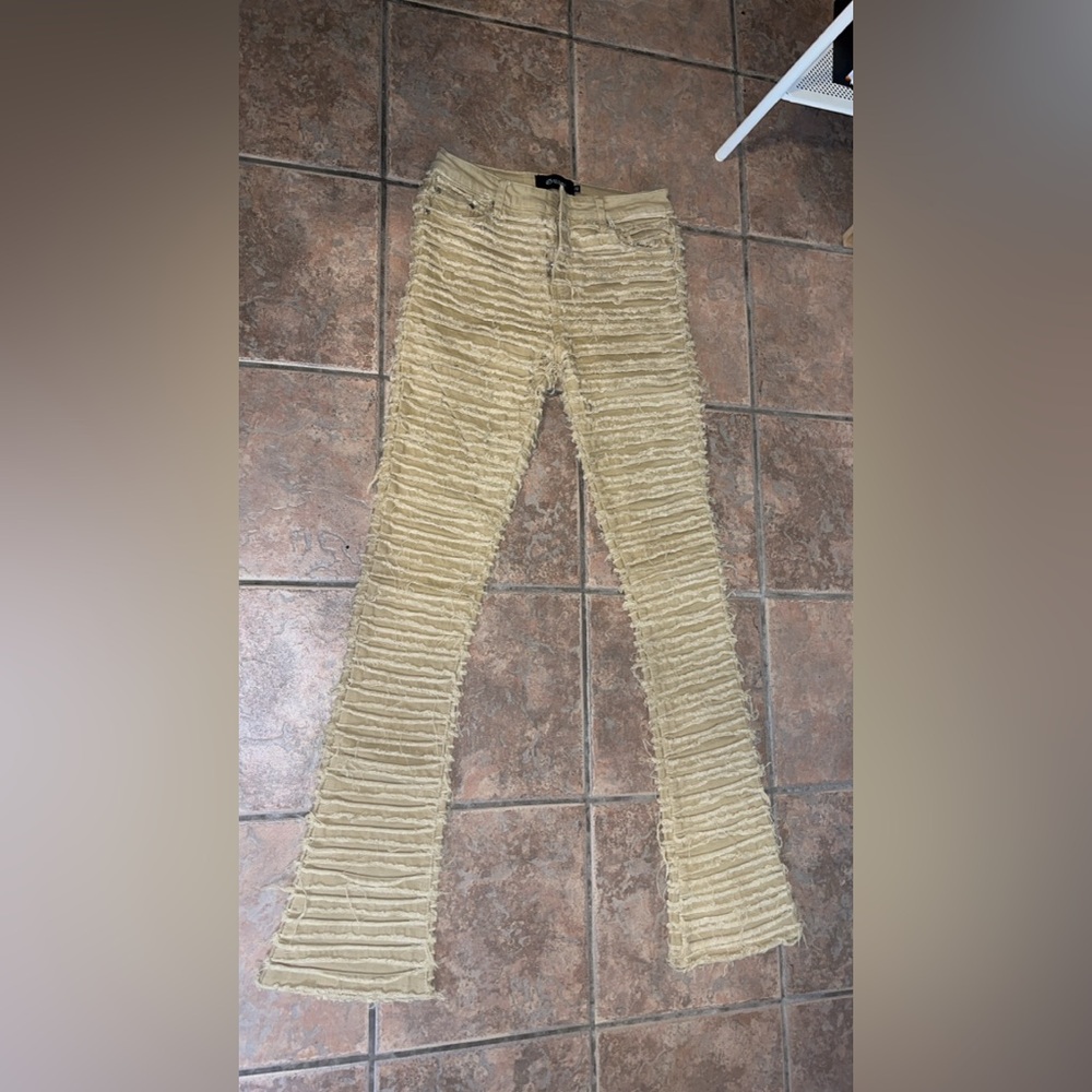 Guapi Jeans Mens 32 Khaki Distressed Shredded Flare Limited Edition Pants